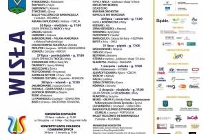 Grafika informacyjna w pomarańczowo-biało-granatowej kolorystyce. Zawiera program koncertów w Wiśle, daty, listę zespołów, informacje o korowodzie oraz logotypy organizatorów i partnerów.