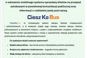 Grafika zawiera logo systemu i herb Powiatu Cieszyńskiego, opis zasad korzystania z aplikacji, najważniejsze korzyści dla pasażerów oraz terminy wdrażania systemu na poszczególnych liniach autobusowych.