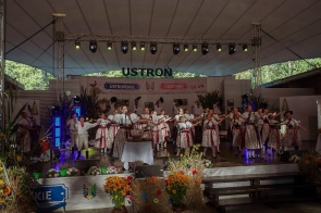 Zespół w strojach regionalnych występuje na scenie podczas dożynek. Uczestnicy stoją w kilku rzędach i wykonują układ z wyciągniętymi rękami, a z boku widoczni są muzycy. Scenę zdobią kwiaty, kłosy i dekoracje dożynkowe.