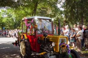 Udekorowany ciągnik jedzie alejką podczas korowodu. Pojazd ozdobiony jest kolorowymi wstążkami, kwiatami i kłosami zbóż. Po obu stronach trasy stoją licznie zgromadzeni widzowie.