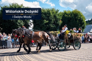Dwa konie ciągną udekorowany wóz, na którym siedzą osoby w tradycyjnych strojach regionalnych. Wóz ozdobiony jest kwiatami, kłosami zbóż i zielenią, a po bokach trasy stoją zgromadzeni uczestnicy wydarzenia. W górnej części zdjęcia widoczny jest napis „Wiślańskie Dożynki i Święto Miodu”.