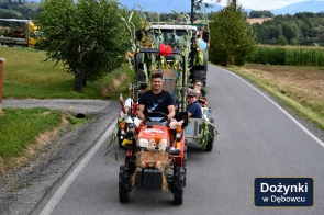 Udekorowany mały ciągnik z przyczepą jedzie drogą, a za nim porusza się większy ciągnik. Pojazdy ozdobione są łodygami kukurydzy, wstążkami i balonami, a na przyczepie siedzą uczestnicy. Po obu stronach drogi widoczne są pola i drzewa. W prawym dolnym rogu znajduje się napis „Dożynki w Dębowcu”.