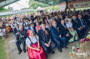 Publiczność dożynek w gminie Strumień. Ludzie siedzą ubrani w regionalne stroje w ławkach. 