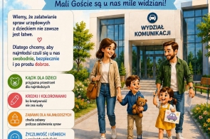 Plakat „Urząd przyjazny dzieciom” przygotowany dla Wydziału Komunikacji Starostwa Powiatowego w Cieszynie. Przedstawia rodzinę z dziećmi oraz informacje o kąciku dla najmłodszych, kredkach, kolorowankach, zabawkach i „Prawie jazdy małego kierowcy”.