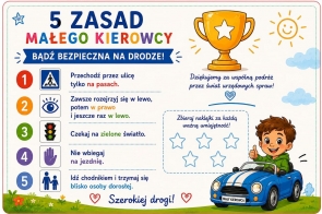 Plansza „5 zasad małego kierowcy” w wersji dla chłopca. Ilustracje i krótkie hasła przypominają dzieciom o bezpiecznym przechodzeniu przez ulicę, sygnalizacji świetlnej i poruszaniu się po chodniku.