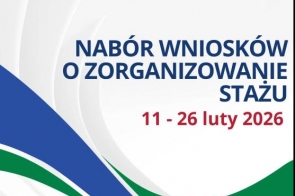 Na jasnym tle widoczny jest napis „Nabór wniosków o zorganizowanie stażu” oraz termin. U góry znajdują się logotypy Funduszy Europejskich, Polski, Unii Europejskiej i Województwa Śląskiego.