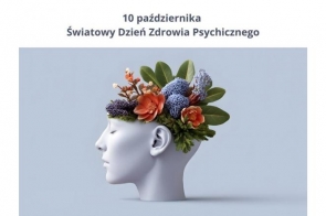 Grafika przedstawiająca ludzką głowę z zamkniętymi oczami, z której wyrastają kolorowe kwiaty i liście. Symbolizuje troskę o zdrowie psychiczne i harmonię umysłu. Napis: 10 października – Światowy Dzień Zdrowia Psychicznego.