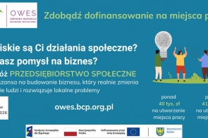 Napis o dofinansowaniu na miejsca pracy i przedsiębiorstwie społecznym na niebieskim tle, obok grafika z osobami i żarówkami oraz logotypy instytucji.