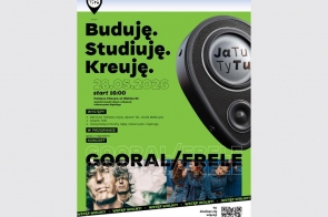 Plakat wydarzenia organizowanego na Kampusie Cieszyn. Na zielonym tle widoczne są informacje o wydarzeniu oraz zdjęcia zespołu CooBale i uczestników. Po prawej stronie znajduje się grafika głośnika.