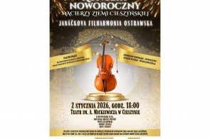 Złoto-czarna grafika z wiolonczelą na środku i fajerwerkami w tle, z tekstem o Koncercie Noworocznym 2 stycznia 2026 r. w Teatrze im. A. Mickiewicza oraz informacjami o wykonawcach i organizatorach.