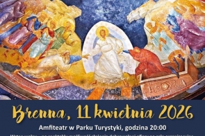 Napis „Pasja Beskidzka – Wielki Tydzień” na ciemnym tle, poniżej scena religijna, informacja o wydarzeniu w Brennej oraz zdjęcia przedstawień i logotypy organizatorów.