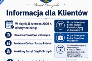 Niebiesko-biała grafika informacyjna Powiatu Cieszyńskiego z herbem u góry. Duży nagłówek „Informacja dla Klientów” oraz piktogramy przedstawiające kalendarz, urząd, pomoc rodzinie, drogę i dokumenty porządkują informacje o zmianach w pracy urzędów.