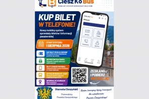 Grafika informacyjna CieszKoBus w granatowo-pomarańczowej kolorystyce. Zawiera datę startu systemu, informacje o aplikacji, kod QR do pobrania oraz ilustrację telefonu z widokiem aplikacji.