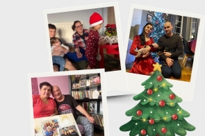 Grafika świąteczna na jasnym tle. Widoczne są trzy zdjęcia rodzin w formie polaroidów oraz ilustracja zielonej choinki z czerwonymi bombkami i lampkami.