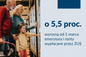 Starsze małżeństwo z uśmiechem ogląda produkty w lodówce sklepowej, towarzyszy im mała dziewczynka w jasnym sweterku, z koszykiem na zakupy w ręku. Scena oddaje ciepłą, rodzinną atmosferę. Po prawej stronie grafiki duży, pogrubiony tekst informuje o 5,5-procentowej podwyżce emerytur i rent od 1 marca, a w rogu umieszczono logo ZUS. Utrzymana w niebiesko-białej kolorystyce grafika zawiera także hasztag #waloryzacja.
