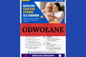 Grafika informacyjna w niebiesko-biało-żółtej kolorystyce dotycząca bezpłatnych szkoleń cyfrowych dla seniorów. Na środku widnieje czarny napis na czerwonym tle: odwołane.