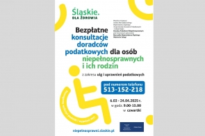 Plakat informuje o bezpłatnych konsultacjach podatkowych dla osób z niepełnosprawnością i ich rodzin. Podany jest numer telefonu oraz terminy dyżurów doradców podatkowych. Dominują kolory biały, niebieski, żółty i zielony, a głównym symbolem jest piktogram osoby na wózku.