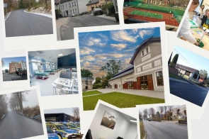 Kolaż zdjęć przedstawiający różne inwestycje i miejsca w powiecie. Widać m.in. wyremontowane drogi, budynki, boiska sportowe, sprzęt medyczny, samochody policyjne oraz wnętrza pomieszczeń.