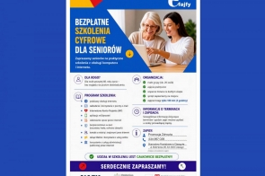 Grafika informacyjna w niebiesko-biało-żółtej kolorystyce dotycząca bezpłatnych szkoleń cyfrowych dla seniorów. Zawiera zdjęcie dwóch osób przy laptopie, program szkolenia, informacje o organizacji zajęć, zapisach, numer telefonu oraz logotypy instytucji na dole.