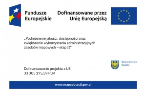 Na białym tle widoczne są logotypy Funduszy Europejskich oraz Unii Europejskiej z flagą UE. Pośrodku znajduje się tytuł projektu „Podniesienie jakości, dostępności oraz zwiększenie wykorzystania administracyjnych zasobów mapowych – etap II” oraz informacja o dofinansowaniu z UE . W prawym dolnym rogu umieszczono herb i nazwę Województwo Śląskie, a na dole adres strony.