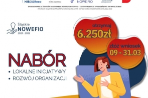 Na jasnym tle widoczne są logotypy. Po lewej stronie znajduje się napis „Śląskie NOWEFIO 2024–2026”. Centralnie umieszczono duży napis „NABÓR”. W dolnej części znajduje się ilustracja kobiety oraz dekoracyjne elementy graficzne.