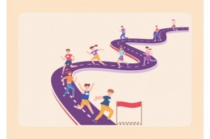 Ilustracja przedstawia grupę dzieci biegnących po krętej drodze w kierunku mety oznaczonej czerwoną flagą. Droga jest fioletowa, z białymi liniami, wijąca się przez całą przestrzeń obrazu. Dzieci w kolorowych ubraniach biegną z uśmiechami, symbolizując aktywność fizyczną i radość z udziału w sportowej rywalizacji. Tło jest pastelowe, utrzymane w jasnych odcieniach.