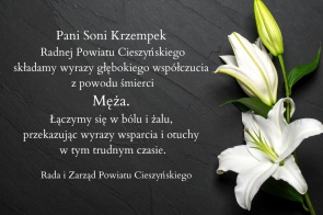 Czarny kamienny blat  z umieszczonym po lewej stronie tekstem kondolencyjnym, a po prawej dwie białe lilie– jedna rozwinięta i jedna w pąku. Tekst przekazuje wyrazy współczucia dla pani Soni Krzempek, radnej Powiatu Cieszyńskiego, z powodu śmierci męża. Pod wiadomością widnieje podpis: „Rada i Zarząd Powiatu Cieszyńskiego”.