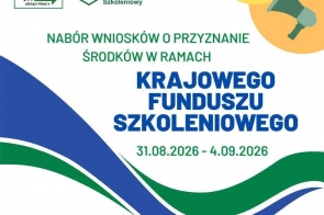 Biało-zielono-niebieska grafika informacyjna dotycząca naboru wniosków. U góry umieszczono logotypy Urzędu Pracy i KFS oraz ikonę megafonu. Centralną część zajmuje duży niebieski napis, a poniżej podano termin naboru.
