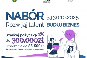 Duży napis „Nabór” z datą, obok informacje o pożyczce do 300 tys. zł i warunkach wsparcia, jasne tło, niebiesko-fioletowe elementy oraz ilustracje postaci.
