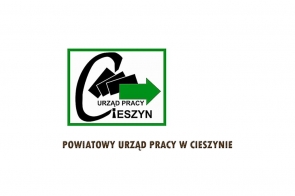 Na białym tle logo Powiatowego Urzędu Pracy w Cieszynie: stylizowana czarna litera „C”, zielona strzałka w prawo oraz napis „Urząd Pracy Cieszyn”.