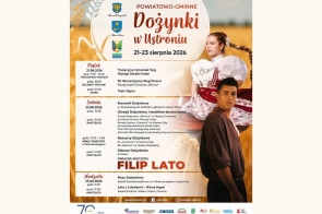 Plakat Powiatowo-Gminnych Dożynek w Ustroniu z motywem pola zbóż w tle. Po prawej stronie widoczna jest kobieta w stroju regionalnym oraz mężczyzna w ciemnym ubraniu. W centralnej części umieszczono nazwę wydarzenia, termin oraz szczegółowy program. Na dole znajdują się logotypy partnerów i sponsorów.