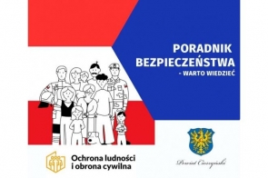 Biało-czerwono-niebieska grafika promująca „Poradnik bezpieczeństwa – warto wiedzieć”. Po lewej stronie znajduje się czarno-biała ilustracja grupy osób, w tym przedstawicieli służb i rodzin z dziećmi. 