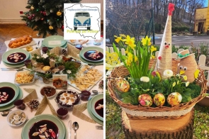 Świąteczny stół z zupą i ozdobami obok choinki. Obok kosz z wiosennymi kwiatami i ozdobnymi jajkami w ogrodzie. Na zdjęciu jest też logo z samochodem i napisem "Podróże po Polsce".