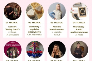 Na jasnoróżowym tle umieszczono zapowiedź wydarzenia „Tydzień Kobiet”. Poniżej przedstawiono program na każdy dzień. Na dole znajdują się informacje organizacyjne, godzina rozpoczęcia oraz dane kontaktowe.