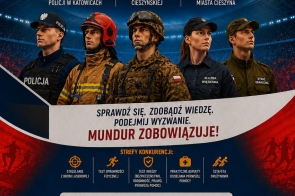 Plakat promujący Olimpiadę Bezpieczeństwa w Cieszynie. Przedstawia funkcjonariuszy różnych służb mundurowych oraz informacje o terminie wydarzenia.