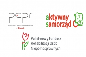 3 loga: od lewej Powiatowe Centrum Pomocy Rodzinie, Aktywny Samorząd oraz Państwowy Fundusz Rehabilitacji Osób Niepełnosprawnych