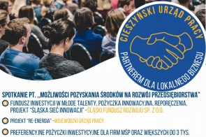 PlaPlakat informujący o spotkaniu dla lokalnych przedsiębiorców. W tle widoczna jest sala z uczestnikami, a na grafice umieszczono informacje o tematach spotkania, terminie, godzinie i miejscu wydarzenia.