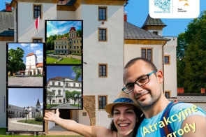 Grafika informująca o konkursie fotograficznym. W prawym dolnym rogu uśmiechnięta para, w tle budynek pałacu, w lewym dolnym rogu cztery zdjęcia różnych budynków.
