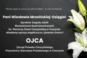 Tekst kondolencyjny na ciemnym tle z białą lilią, zawierający wyrazy współczucia z powodu śmierci ojca. 