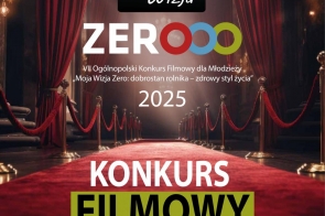 Czerwony dywan prowadzi w głąb eleganckiej sali teatralnej z ciężkimi zasłonami i światłami po bokach. Na środku widnieje napis „Moja Wizja Zero 2025” oraz duże hasło „Konkurs Filmowy dla Młodzieży”, a poniżej informacja o terminie zgłoszeń do 30 września 2025 roku.