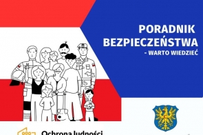 Grafika informacyjna w kolorach czerwonym, białym i granatowym z tytułem „Poradnik bezpieczeństwa – warto wiedzieć”. Po lewej stronie widoczna jest ilustracja grupy osób, w tym służb mundurowych.