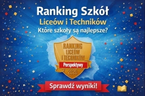 Grafika promująca Ranking Szkół Liceów i Techników 2026. Na niebieskim tle z kolorowym konfetti widnieje złota tarcza z napisem „Perspektywy 2026” oraz czerwony baner „Sprawdź wyniki!”.