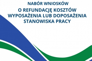 Plakat w biało-niebiesko-zielonej kolorystyce z dużym napisem o naborze wniosków.