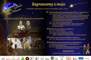 Plakat zapraszający na Breńsko-Górecką Noc Muzeów 2 maja. Wydarzenie upamiętnia 100-lecie ślubu Zofii i Zygmunta Szatkowskich. W programie m.in. inscenizacje, zwiedzanie, gawędy, warsztaty i wystawy. Wstęp wolny, stroje z epoki mile widziane.