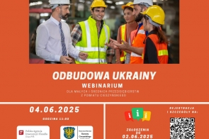 Plakat przedstawiający pięciu pracowników w kamizelkach roboczych.Poniżej tekst informujący o wydarzeniu skierowanym do przedsiębiorstw z terenu powiatu cieszyńskiego.