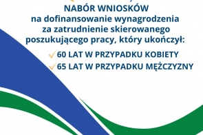 Grafika informacyjna programu „Aktywni bez metryki” w kolorach białym, granatowym, zielonym i pomarańczowym. Na dole widoczne są logotypy urzędu pracy, Powiatu Cieszyńskiego i patronatu Starosty Cieszyńskiego.