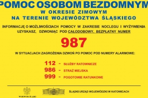 Żółta grafika informacyjna dotycząca pomocy osobom bezdomnym w okresie zimowym na terenie województwa śląskiego. W centrum podany jest całodobowy, bezpłatny numer 987.