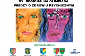W centrum ilustracja dwóch stylizowanych twarzy w intensywnych kolorach: pomarańczowej i różowo-fioletowej. U dołu herby współorganizatorów.