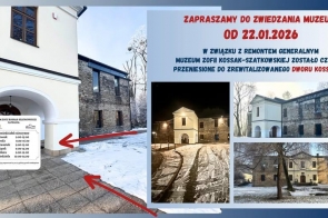 Grafika informuje o ponownym otwarciu Muzeum Zofii Kossak-Szatkowskiej. Zawiera zdjęcia budynku zimą, godziny otwarcia oraz czerwone strzałki wskazujące wejście do muzeum.