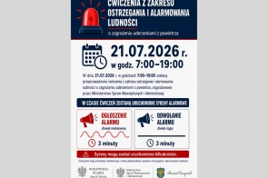 Grafika informacyjna w granatowo-biało-czerwonej kolorystyce dotycząca ćwiczeń z zakresu ostrzegania i alarmowania ludności. Zawiera datę, godziny, informacje o uruchomieniu syren alarmowych oraz oznaczenia dla ogłoszenia i odwołania alarmu.